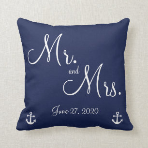 Mr. and Mrs. Navy Blue Nautical Wedding Pillows
