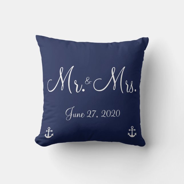 Mr. and Mrs. Navy Blue Nautical Wedding Pillows (Front)