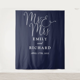 Mr And Mrs Navy Blue Wedding Photo Backdrop Tapestry