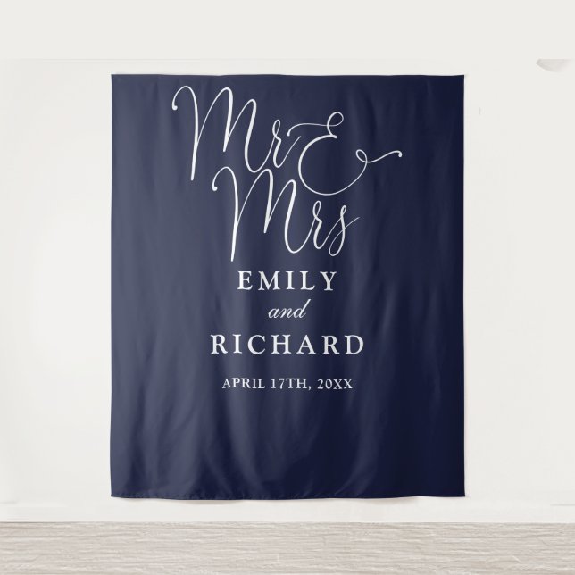 Mr And Mrs Navy Blue Wedding Photo Backdrop Tapestry (Front)