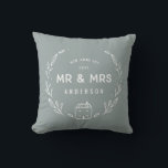 Mr and Mrs new home Cushion<br><div class="desc">Mr and Mrs new home or newly wed cushion. Hand drawn floral and little house details. Background colour can be altered.</div>