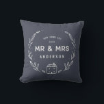 Mr and Mrs new home Cushion<br><div class="desc">Mr and Mrs new home or newly wed cushion. Hand drawn floral and little house details. Background color can be altered.</div>