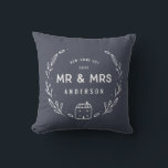 Mr and Mrs new home tartan backer Cushion<br><div class="desc">Mr and Mrs new home or newly wed cushion. Hand drawn floral and little house details. Tartan check backer background colour can be altered.</div>