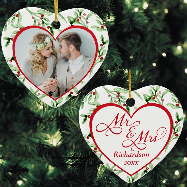 Mr and Mrs Newlywed Christmas Ceramic Tree Decoration (Christmas ornament for just married newlywed couples, mr and mrs, photo, script calligraphy, heart)