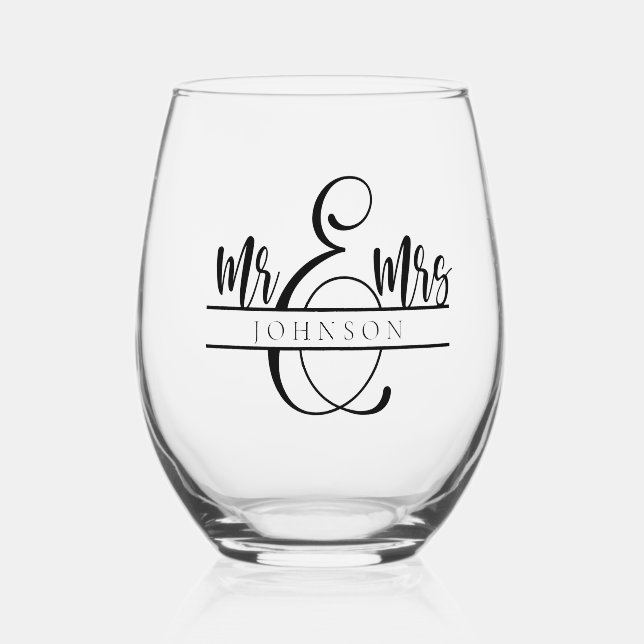Mr. and Mrs. Newlywed Couple Gifts Stemless Wine Glass (Front)