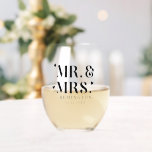 Mr and Mrs Newlywed Hearts Stemless Wine Glass<br><div class="desc">Gift for the newlyweds. Retro bold font that says "Mr. & Mrs" with hearts around. You can add your family name and wedding date below.</div>