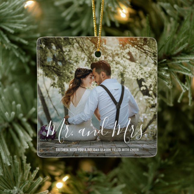 Mr and Mrs Newlywed Photo First Christmas Married Ceramic Ornament (Tree)