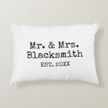 Mr and Mrs newlywed simple typewriter typography Decorative Cushion<br><div class="desc">Custom Mr and Mrs newlywed simple typewriter typography Accent Pillow. Minimalist black and white template design. Simply add couple's surname and date of marriage. Trendy wedding presents for just married husband and wife / bride and groom. Also available for outdoor areas. Stylish home decor presents with personalised name.</div>