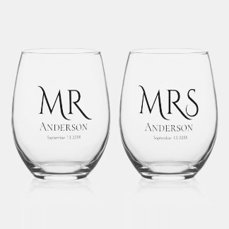 Mr and Mrs Newlywed Typography Wedding Stemless Wine Glass