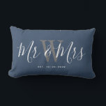 Mr And Mrs Newlyweds Navy Blue Script Monogram Lumbar Cushion<br><div class="desc">Welcome friends and family to your home with this Mr And Mrs Newlyweds Navy Blue Script Monogram Lumbar Pillow. It is an elegant design with a modern dusty blue background. The centre has bride and groom's last name monogram letter in light grey. The text is "mr and mrs" in white...</div>