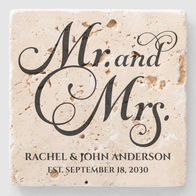 Mr and Mrs, Personalised Engagement Gift, Marble Stone Coaster (Front)
