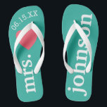Mr. and Mrs. Personalised Honeymoon with Heart Flip Flops<br><div class="desc">A perfect design for a beach wedding or for the honeymoon. Change the Mrs. to Mr. to make a coordinating pair.</div>