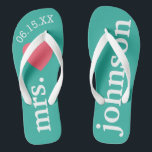 Mr. and Mrs. Personalised Honeymoon with Heart Flip Flops<br><div class="desc">A perfect design for a beach wedding or for the honeymoon. Change the Mrs. to Mr. to make a coordinating pair.</div>