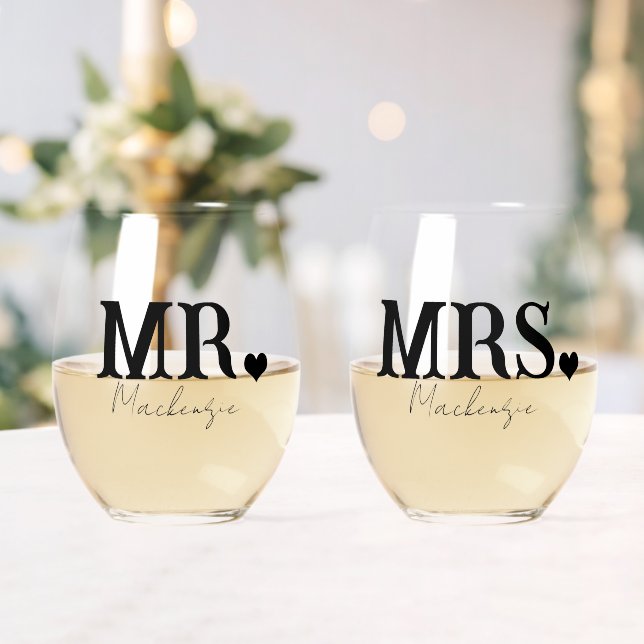 Mr And Mrs Personalised Newly Weds Stemless Wine Glass (Insitu (Wedding))