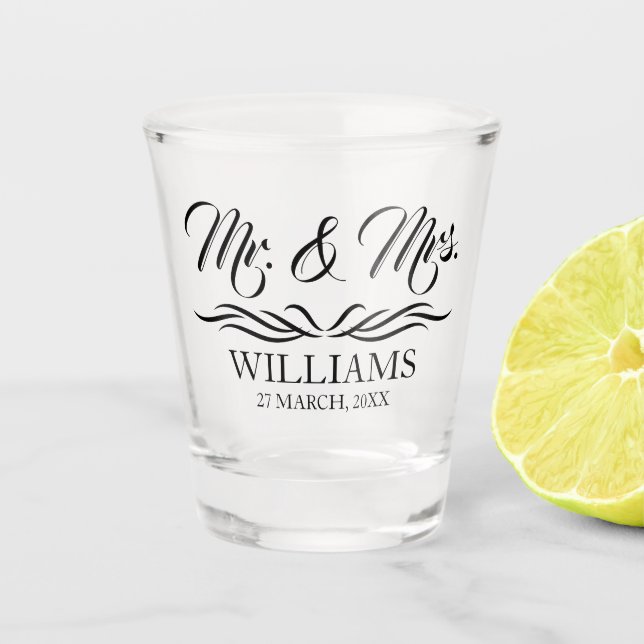 Mr and Mrs Personalised Surname Wedding Favour Sho Shot Glass (Front)