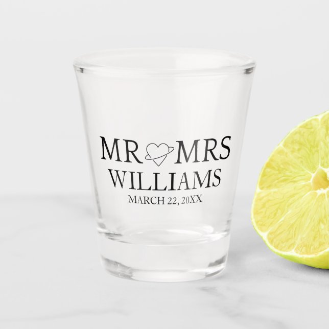 Mr and Mrs Personalised Surname Wedding Favour  Shot Glass (Front)