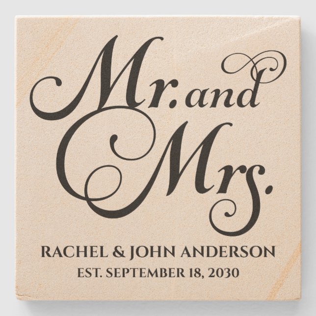 Mr and mrs, Personalised Wedding Gift, Marble Stone Coaster (Front)