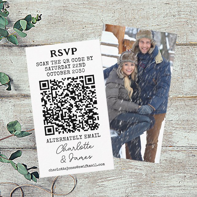 Mr And Mrs Photo Elegant Script QR Code RSVP Card (Front And Back)