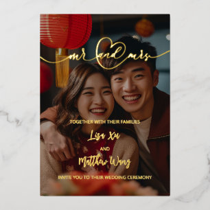 Mr. and Mrs. Photo Gold Foil Wedding Invitation
