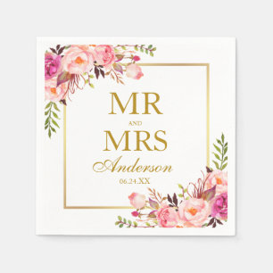 Mr. and Mrs. Pink Blush Floral Gold Wedding Napkin