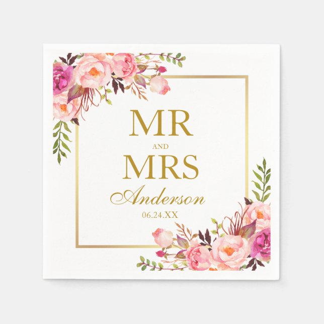 Mr. and Mrs. Pink Blush Floral Gold Wedding Napkin (Front)