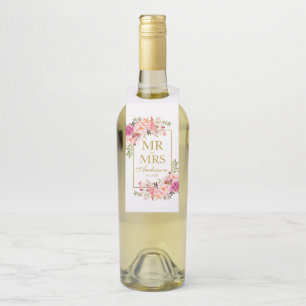 Mr. and Mrs. Pink Floral Gold Wedding Bottle Tag