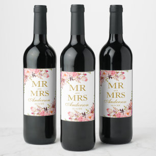 Mr. and Mrs. Pink Floral Gold Wedding Wine Label
