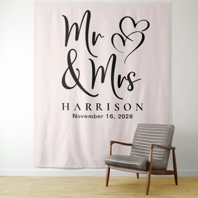 Mr and Mrs Pink Wedding Photo Backdrop Tapestry (In Situ)