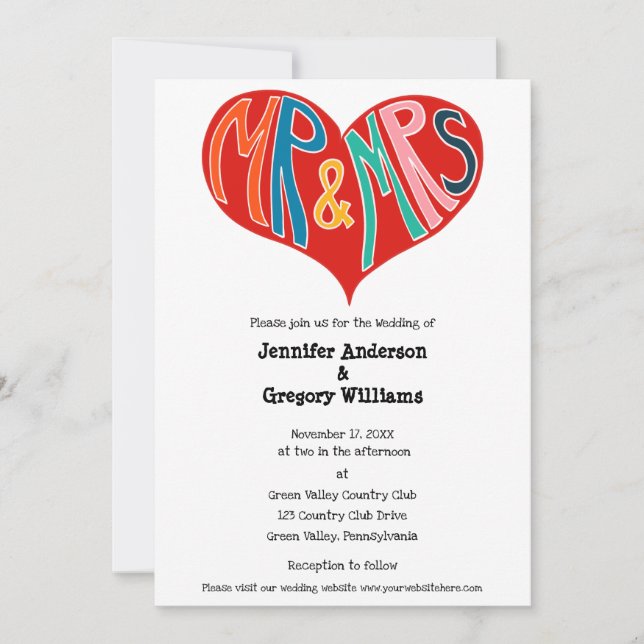 Mr and Mrs Red and White Heart Shape Wedding Invitation (Front)