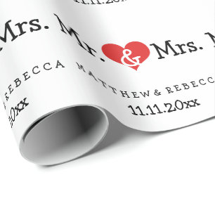 Mr and Mrs Red Heart Wedding Wrapping Paper