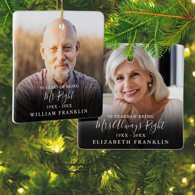 Mr And Mrs Right Fun 2 Photo Anniversary Ceramic Ornament (Mr And Mrs Right Fun 2 Photo Anniversary Ceramic Ornament)