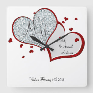 Mr and Mrs Ruby and Diamond Hearts Square Wall Clock