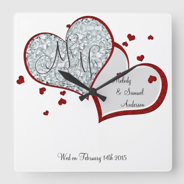 Mr and Mrs | Ruby and Diamond Hearts Square Wall Clock (Front)