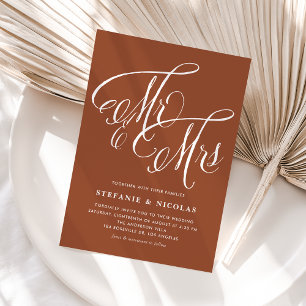 Mr and Mrs Rustic Calligraphy Terracotta Wedding Invitation Postcard