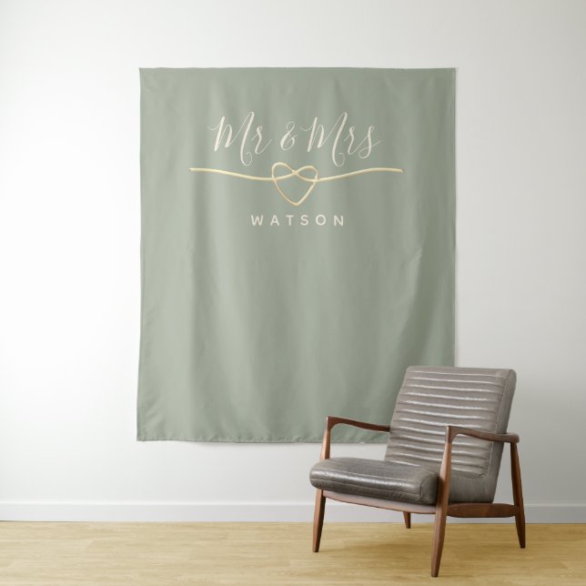 Mr and Mrs Sage Green Wedding Backdrop  Tapestry (In Situ)