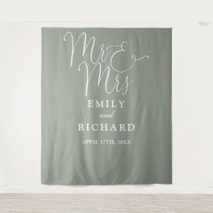 Mr And Mrs Sage Green Wedding Photo Backdrop Tapestry