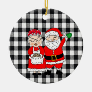 Mr and Mrs Santa Claus and Elf Buffalo Plaid Ceramic Tree Decoration