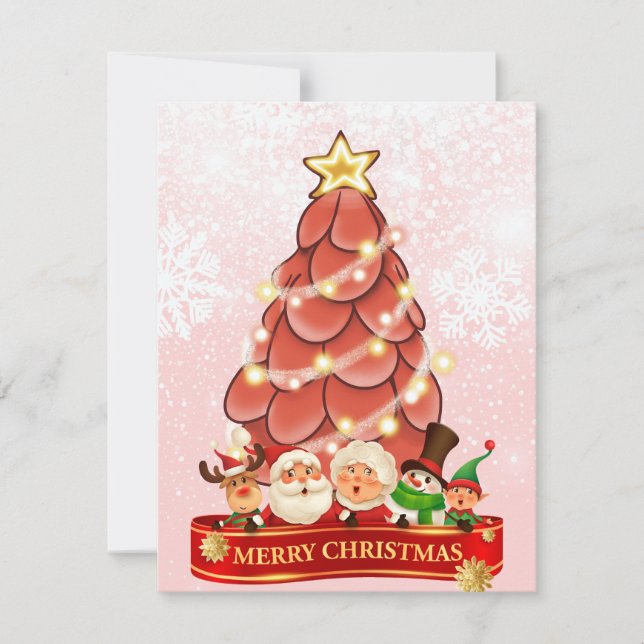 Mr and Mrs Santa Pink Christmas Tree Holiday Card (Front)
