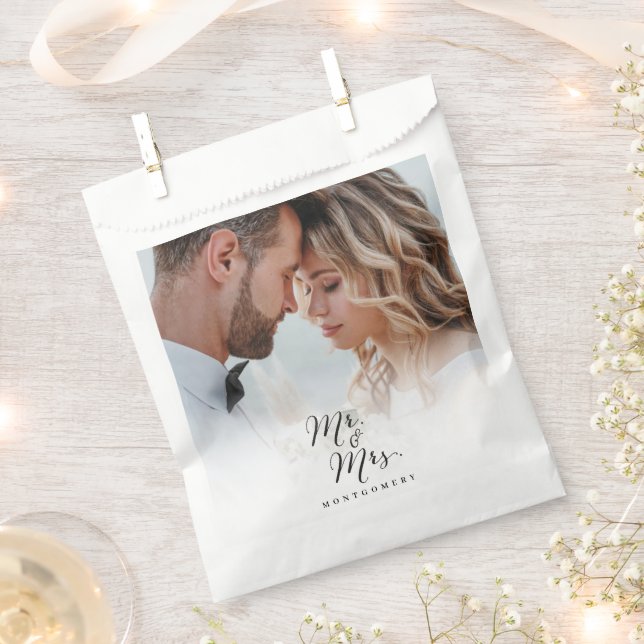 Mr and Mrs Script Calligraphy Chic Photo Wedding Favour Bags (Clipped)