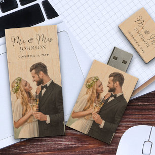 Mr and Mrs Script Calligraphy Wedding Photos Wood USB Flash Drive