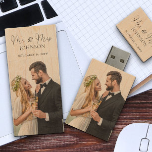 Mr and Mrs Script Calligraphy Wedding Photos Wood USB Flash Drive
