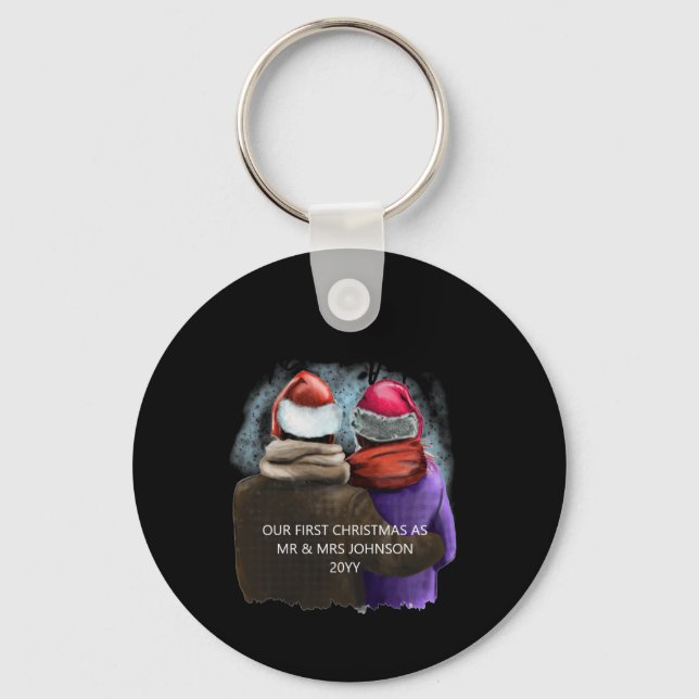 Mr And Mrs Script Couples Christmas T Shirt  Key Ring (Front)