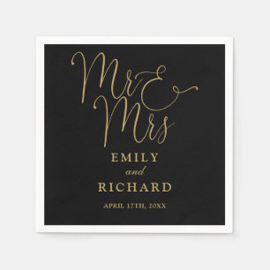 Mr And Mrs Script Elegant Black And Gold Wedding Napkin