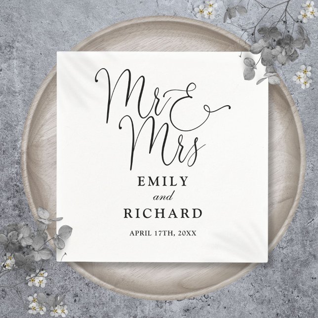 Mr And Mrs Script Elegant Black And White Wedding Napkin (Mr And Mrs Script Elegant Black And White Wedding Napkins)