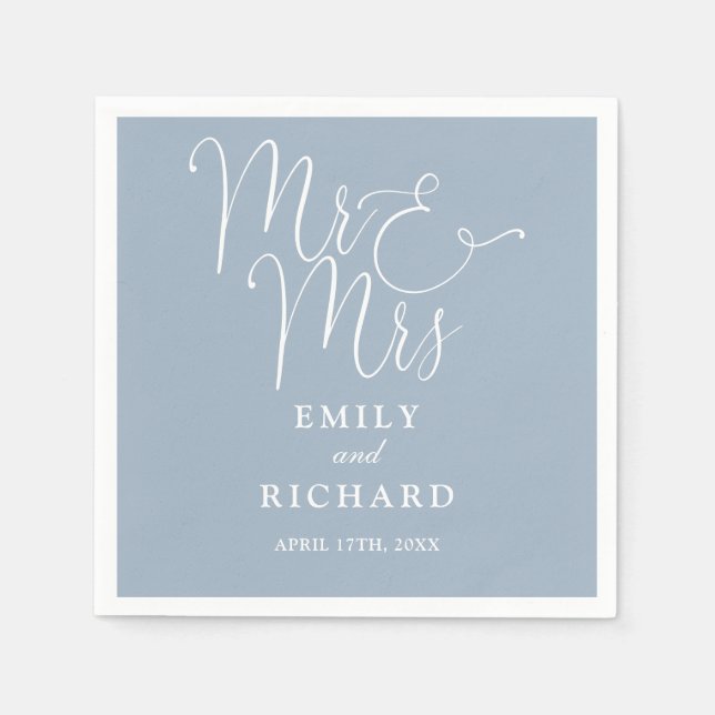 Mr And Mrs Script Elegant Dusty Blue Wedding Napkin (Front)