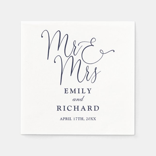 Mr And Mrs Script Elegant Navy Blue Wedding Napkin (Front)