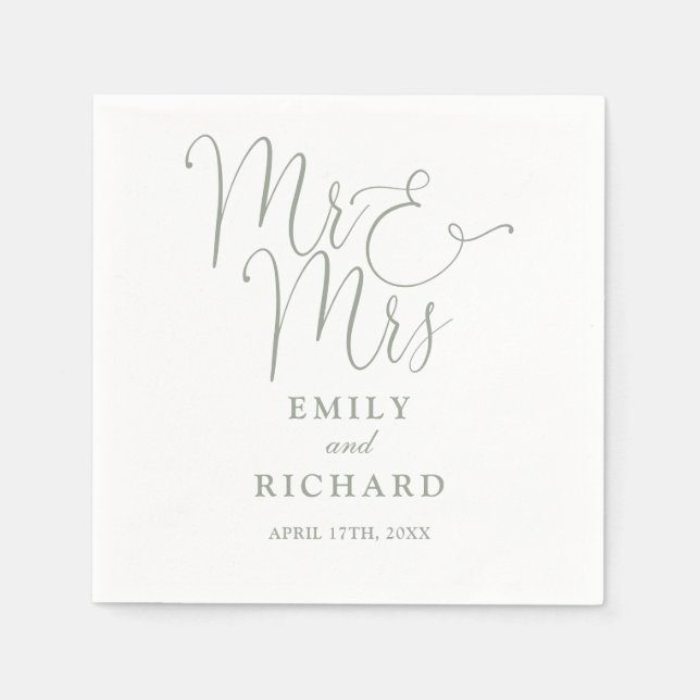 Mr And Mrs Script Elegant Sage Green Wedding Napkin (Front)