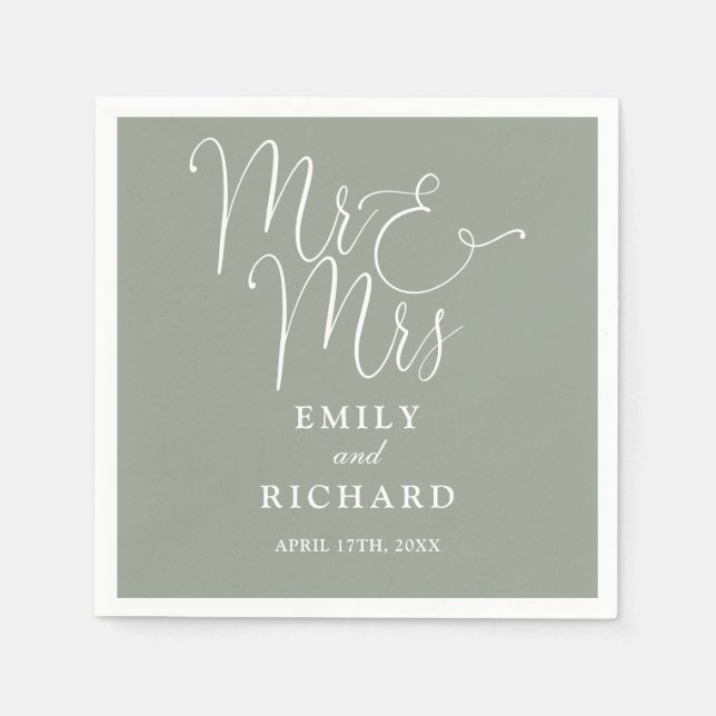 Mr And Mrs Script Elegant Sage Green Wedding Napkin (Front)
