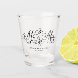 Mr. and Mrs. Script Flourish in Black Wedding Shot Glass