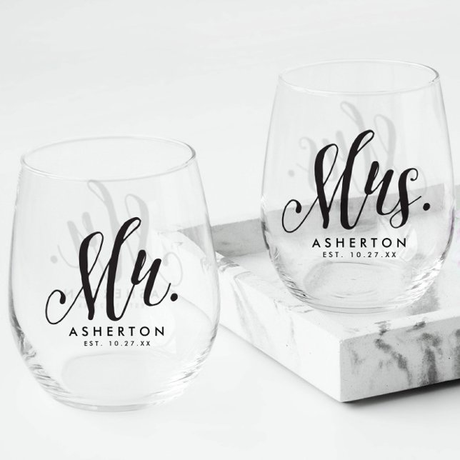 Mr. and Mrs. script newlywed personalised black Stemless Wine Glass (Creator Uploaded)
